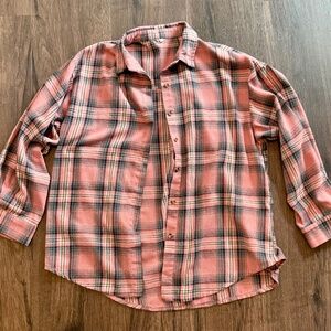 Womens Button Down Long Sleeve Plaid Flannel Shirt - Pink - Size Large